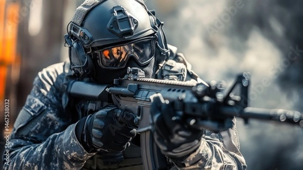 Fototapeta Soldier aiming weapon during tactical training in urban setting