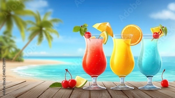 Fototapeta Colorful Tropical Cocktails on Wooden Deck at the Beach