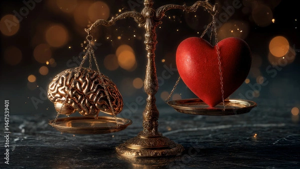 Fototapeta Golden scales hold brain and heart, illustrating tension between logic and emotion in pursuit of balance. Conceptual visuals of balance invite reflection on harmony of reason and feeling