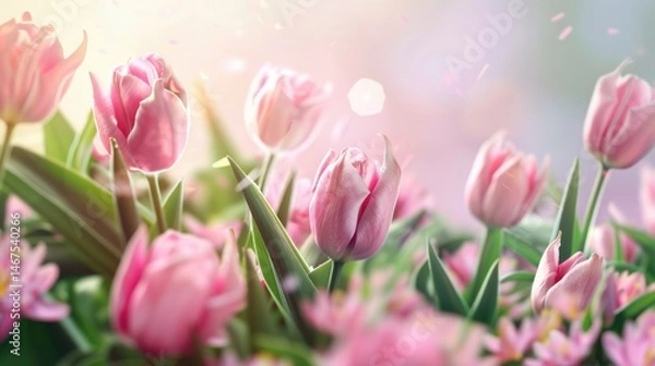 Fototapeta Close up of pink cherry blossoms with bokeh background. Background image of green leaves and vibrant color flower with blue sky. Springtime floral photography for cards. Nature decoration. AIG51.