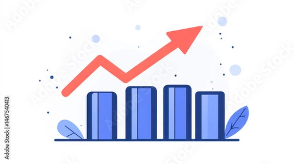 Obraz Bold red arrow indicating downward trend with blue bar graph on white background