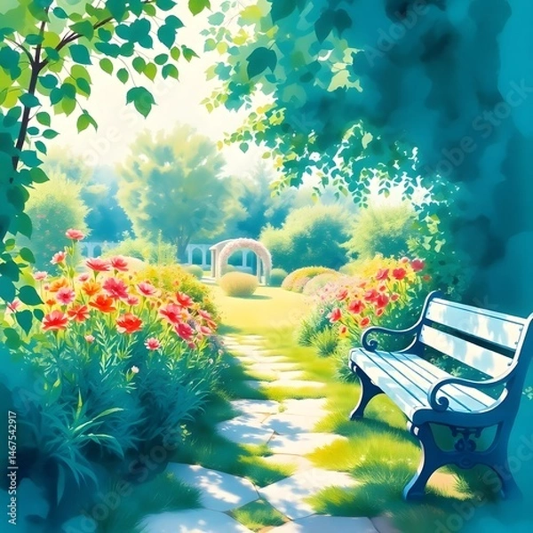 Fototapeta Abstract anime garden path, lush verdant landscape. Sunlight filters through trees. Vibrant flowers line path. Weathered wooden bench in clearing art illustration design