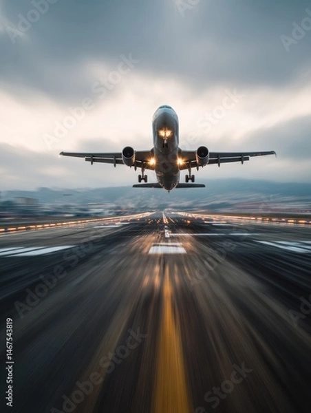 Fototapeta Airplane Takes off From Runway With Motion Blur During Overcast Weather Generative AI