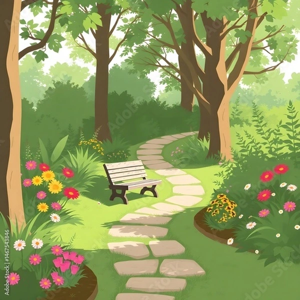 Fototapeta Abstract anime garden path, lush verdant landscape. Sunlight filters through trees. Vibrant flowers line path. Weathered wooden bench in clearing art illustration design