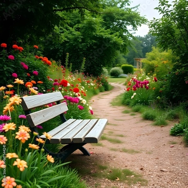 Fototapeta Abstract anime garden path, lush verdant landscape. Sunlight filters through trees. Vibrant flowers line path. Weathered wooden bench in clearing art illustration design