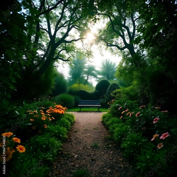 Fototapeta Abstract anime garden path, lush verdant landscape. Sunlight filters through trees. Vibrant flowers line path. Weathered wooden bench in clearing art illustration design