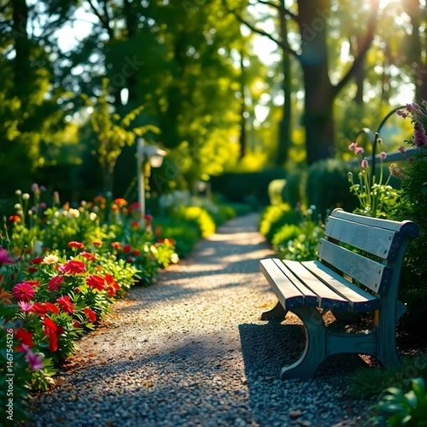 Fototapeta Abstract anime garden path, lush verdant landscape. Sunlight filters through trees. Vibrant flowers line path. Weathered wooden bench in clearing art illustration design