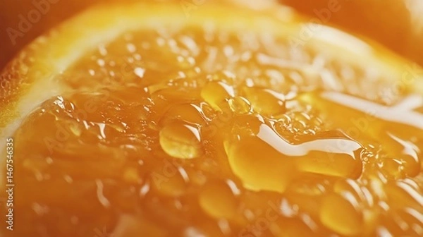 Fototapeta Macro shot of a juicy orange slice with glistening droplets, vibrant color