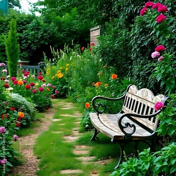 Fototapeta Abstract anime garden path, lush verdant landscape. Sunlight filters through trees. Vibrant flowers line path. Weathered wooden bench in clearing art illustration design