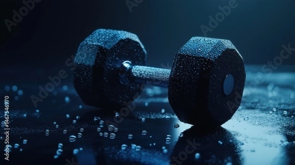 Fototapeta A dumbbell with sweat droplets on it, symbolizing effort and dedication in fitness
