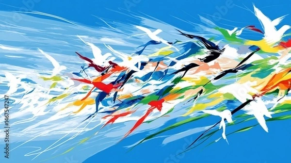 Fototapeta Colorful Avian Abstraction: A Dynamic Flight of Birds in Artistic Expression