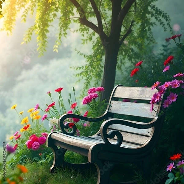 Fototapeta Abstract anime garden path, lush verdant landscape. Sunlight filters through trees. Vibrant flowers line path. Weathered wooden bench in clearing art illustration design