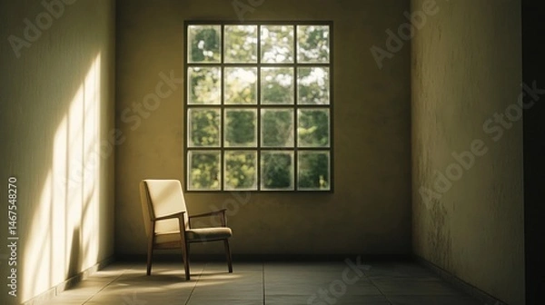 Fototapeta Sunlit Tranquility: A Vintage Chair by the Window in an Empty Room