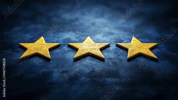 Fototapeta Three golden stars on a dark blue background represent quality and excellence