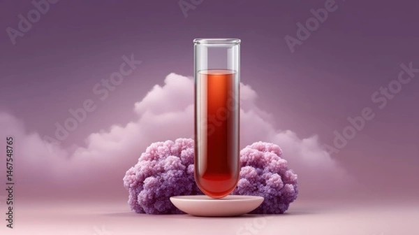 Fototapeta A glowing red test tube filled with a mysterious liquid floats above a dish containing vibrant purple fungus creating a surreal and captivating composition