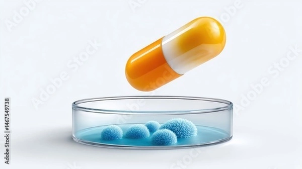 Fototapeta An orange and white capsule levitating in mid air over a transparent glass petri dish containing blue textured spheres creating a futuristic minimalist and innovative scientific composition
