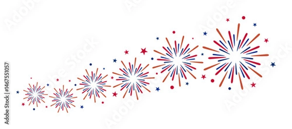Fototapeta Red and blue fireworks for 4th of July. Set of fireworks with stars and sparks. United states of america independence day fireworks. Vector illustration