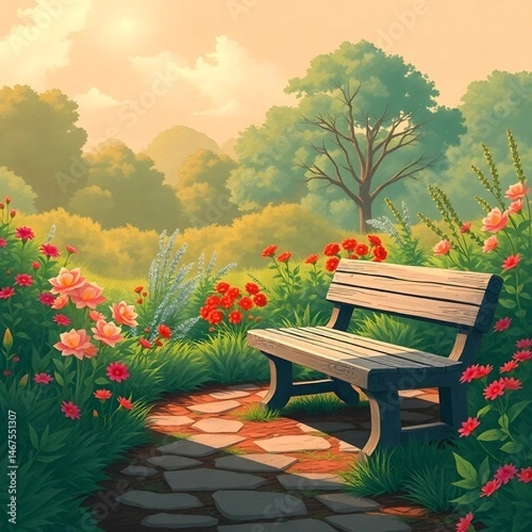 Fototapeta Abstract anime garden path, lush verdant landscape. Sunlight filters through trees. Vibrant flowers line path. Weathered wooden bench in clearing art illustration design