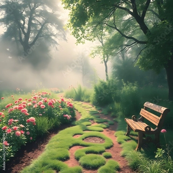 Fototapeta Abstract anime garden path, lush verdant landscape. Sunlight filters through trees. Vibrant flowers line path. Weathered wooden bench in clearing art illustration design