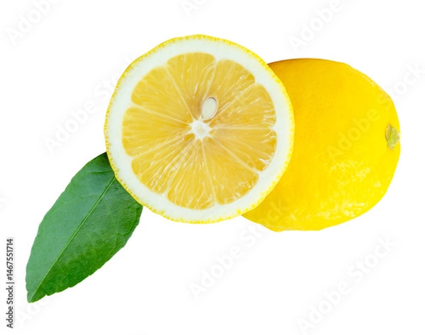 Fototapeta Side view of fresh ripe yellow lemon fruit with a half and green leaf isolated with clipping path in png file format