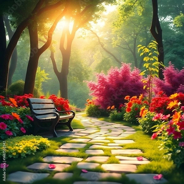 Fototapeta Abstract anime garden path, lush verdant landscape. Sunlight filters through trees. Vibrant flowers line path. Weathered wooden bench in clearing art illustration design