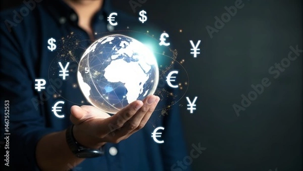 Fototapeta Man with virtual global currency symbols on hand. Money transfers and currency exchanges between countries of the world. Business finance.