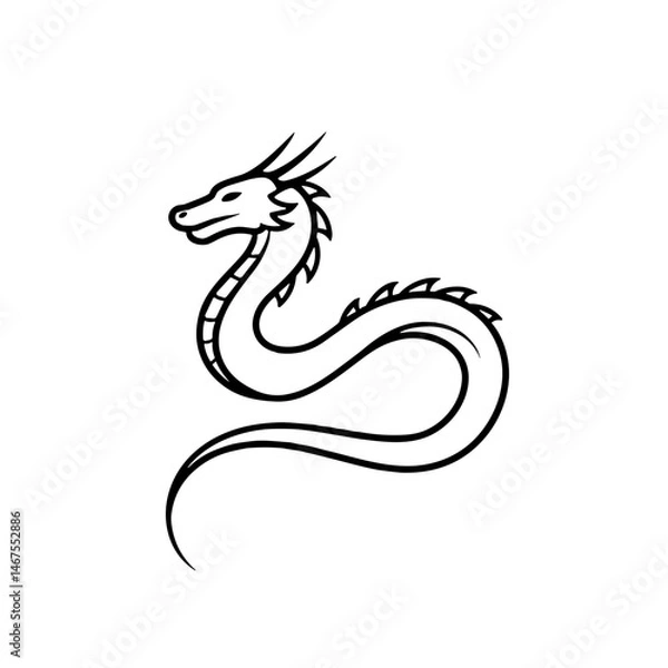 Fototapeta Stylized black outline of a dragon, mythical creature representation