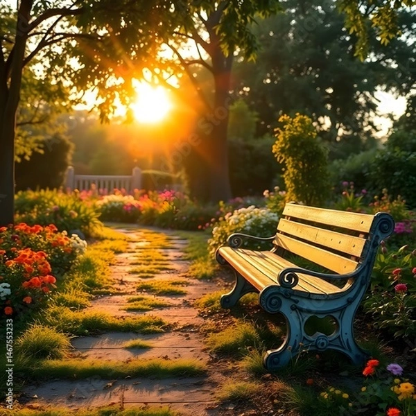 Fototapeta Abstract anime garden path, lush verdant landscape. Sunlight filters through trees. Vibrant flowers line path. Weathered wooden bench in clearing art illustration design