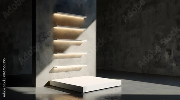 Fototapeta Modern minimalistic display shelf in an illuminated room with dramatic lighting and shadows