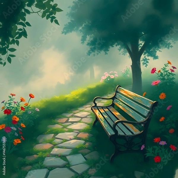Fototapeta Abstract anime garden path, lush verdant landscape. Sunlight filters through trees. Vibrant flowers line path. Weathered wooden bench in clearing art illustration design