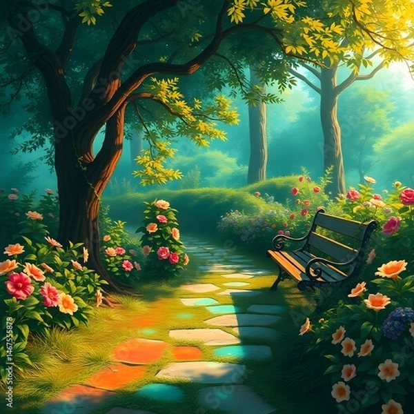 Fototapeta Abstract anime garden path, lush verdant landscape. Sunlight filters through trees. Vibrant flowers line path. Weathered wooden bench in clearing art illustration design