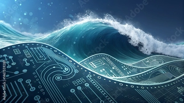 Fototapeta Streaming lines and particles form a technology curve, symbolizing connection, sea movement, and artificial intelligence.