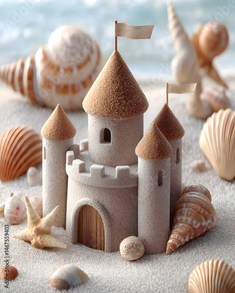 Obraz Sandcastle on the Beach with Seashells close up view. Summer time concept