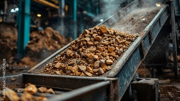 Fototapeta Close up view of a conveyor belt carrying a pile of mined rocks and aggregate material through an industrial processing facility with a blurred background