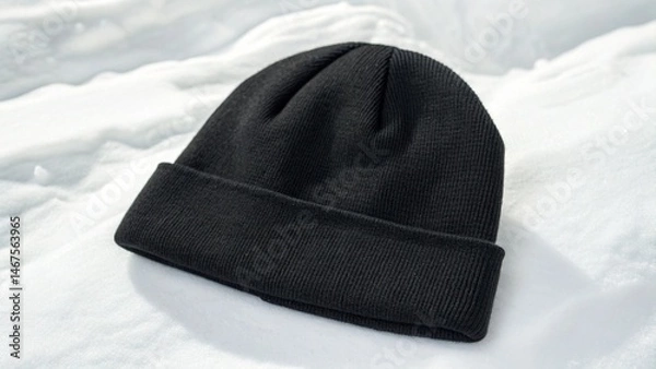 Obraz A blank black beanie hat is showcased against a pristine white 