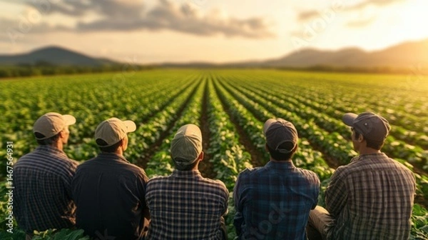 Fototapeta Diverse group of farmers or agricultural workers sitting together and observing lush green crop fields du sunset, rural landscape scene with mountains in distance