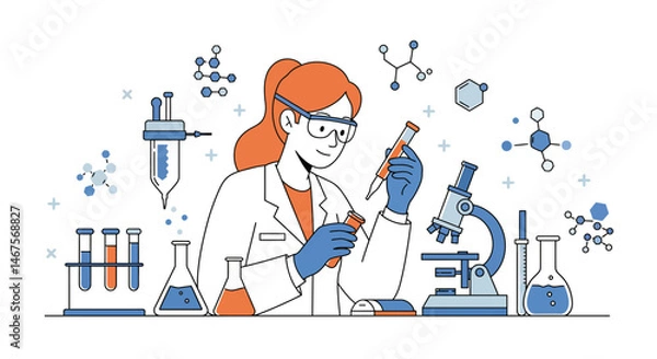 Fototapeta Scientist with lab coat and safety glasses surrounded by lab equipment