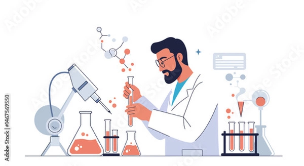 Fototapeta Automated laboratory setup with robotic arm beakers test tubes and molecular structure