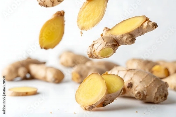 Fototapeta Fresh Ginger Root Slices Falling White Background Healthy Food Ingredient Spice