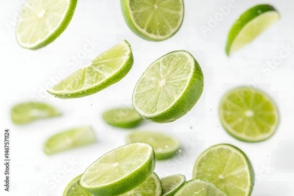 Fototapeta Juicy Lime Slices Falling Fresh Citrus Fruit Background