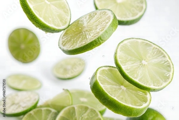 Fototapeta Refreshing Lime Slices Falling in Water Splashing Juicy Citrus Fruit Background