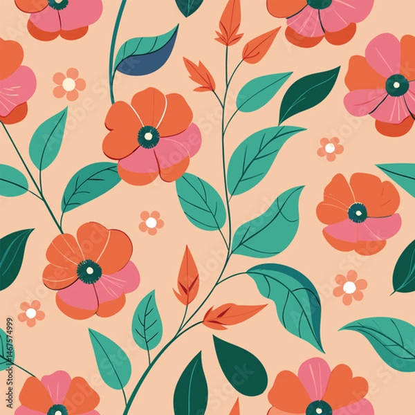 Fototapeta Vintage floral seamless pattern vector design showcases a decorative wallpaper texture with spring flowers and leaves.