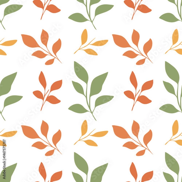 Fototapeta A vector seamless pattern featuring stylized leaves in various shades of green, orange, and yellow on a white background. The design is modern and suitable for textiles or wallpapers.