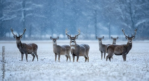 Obraz Deer in Snow-Covered Meadow: Gentle Snowfall and Natural Light