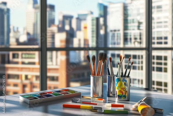 Fototapeta Paints and palette on windowsill, with a city view in background. Scene of art and creativity, for themes of hobbies, urban inspiration, and artistic expression.