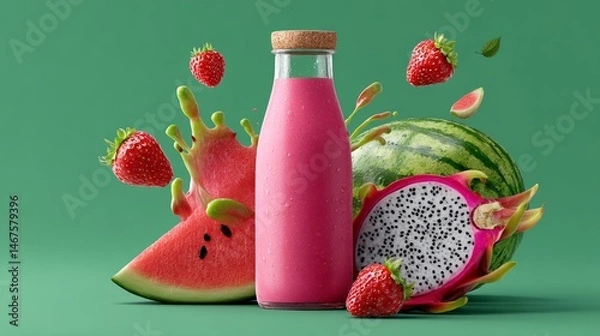 Fototapeta Glass of pink juice is surrounded by watermelon and strawberries. The juice is poured out of the glass, creating a splash. Concept of freshness and vitality, as the fruits and juice are all natural