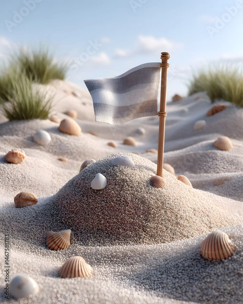 Obraz A small striped flag on a sand dune with seashells on the beach. Summer time