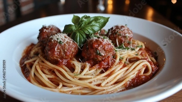 Fototapeta Delicious Spaghetti with Meatballs in Tomato Sauce served on a plate