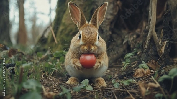 Fototapeta A charming rabbit holding a red fruit in its mouth in a forest setting