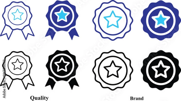 Obraz Quality icon. Branded with high quality icon set. Five Stars Brand Emblem. Famous Product, First Class Goods. Business Success icon set. Revenue Growth, Customer Satisfaction, Brand Recognition.